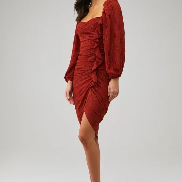 Astr Red Long Sleeve Ruched Dress - Picture 2 of 5